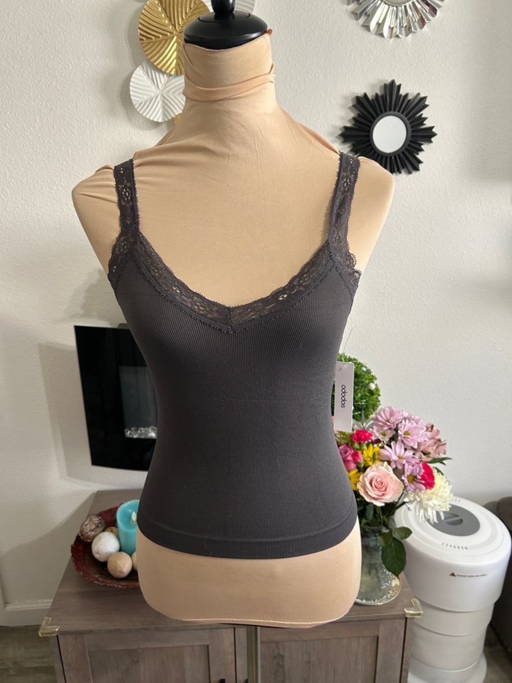 Lace Trim Ribbed Camisole Tank Top - Dark Gray lined and compression style